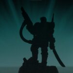 Silhouette of the 2024 Warhammer+ Warhammer 40,000 miniature which looks similar to the classic Kasrkin artwork drawn by Karl Kopinski
