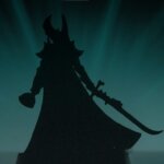 The silhouette of the Age of Sigmar Warhammer+ miniature. It looks like it may be an armoured vampire with cloak, chalice and ornate sword