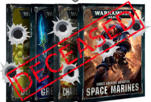 Selection of Warhammer 40,000 Codexes with the word Deceased and some bullet holes overlaid