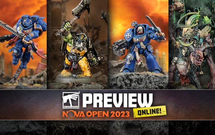 NOVA Open 2023 Preview banner containing a picture of jet pack assault marines, Ironjaw, terminator character and Trogg