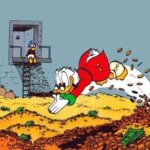 Scrooge McDuck jumping into a money pool